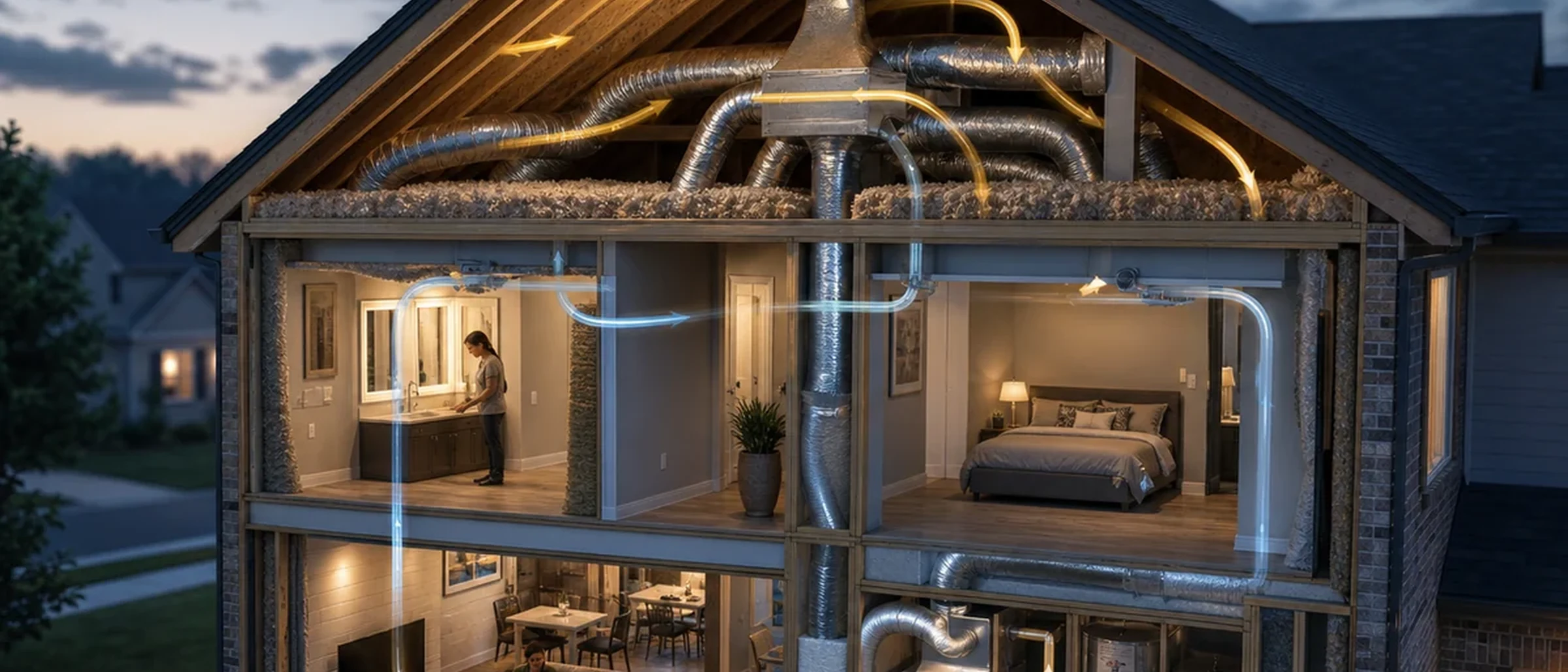 Cutaway view of a North Texas home at twilight showing how HVAC, ductwork, insulation and the air barrier work as one system