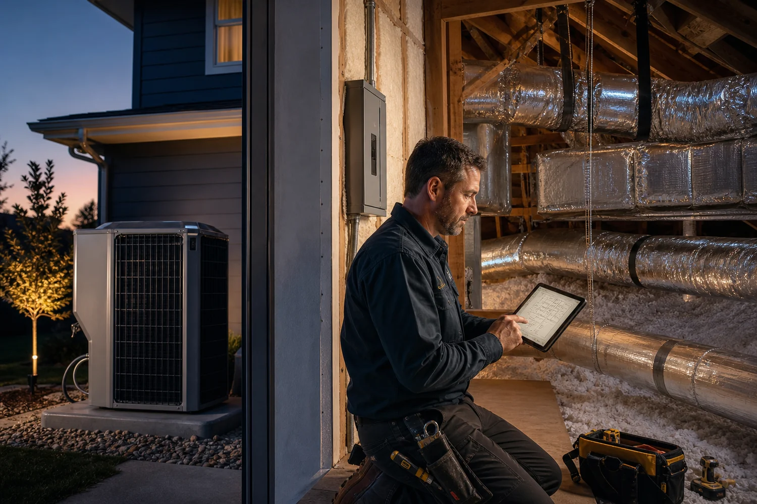 HVAC, insulation and air-sealing work shown side by side as separate solution paths