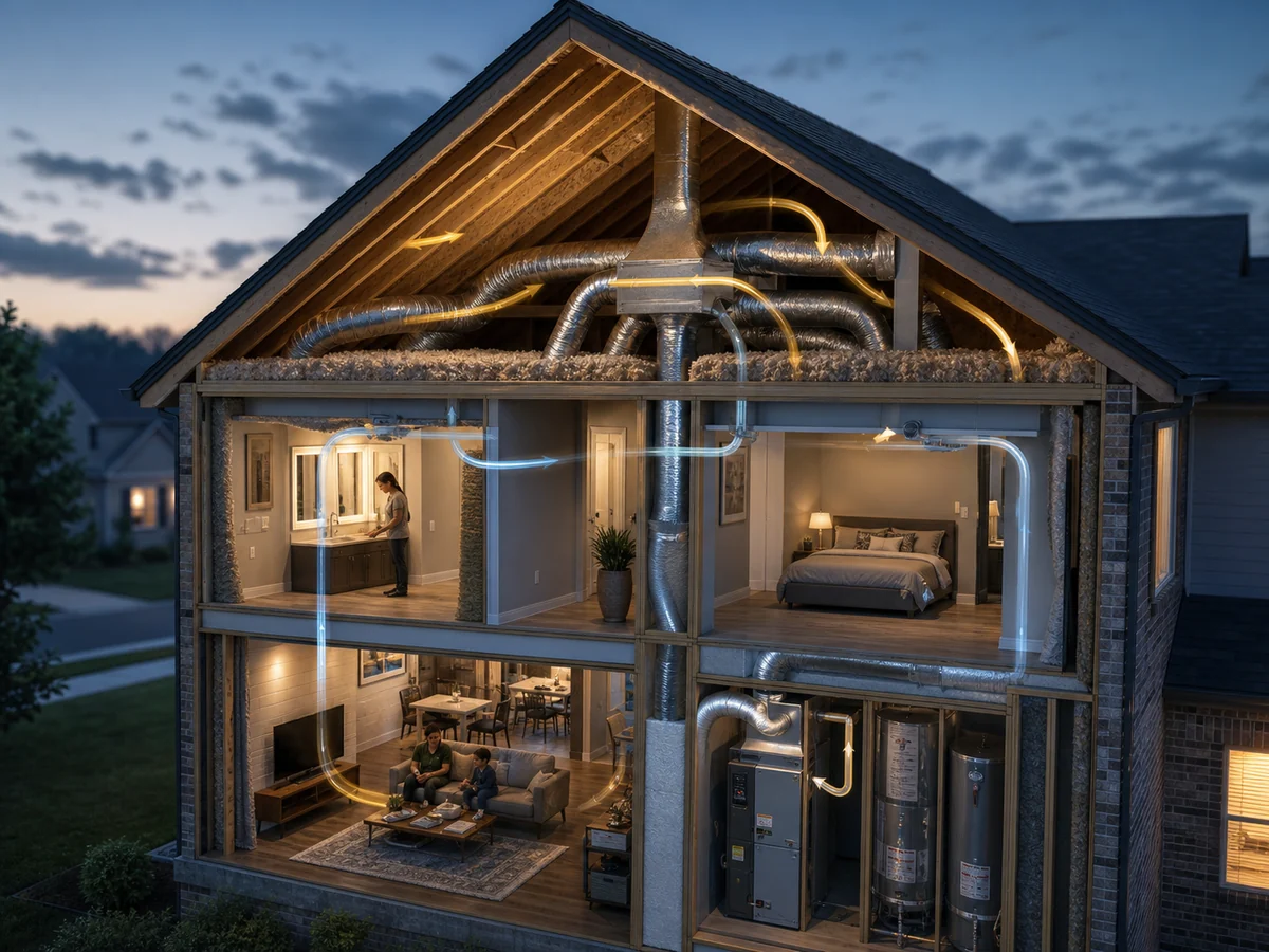 HVAC equipment and insulation shown working together to hold conditioned air