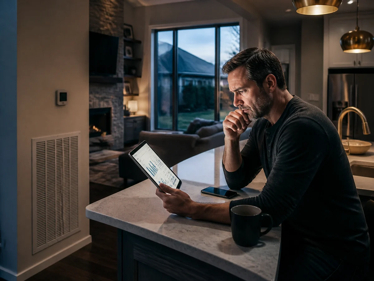 Homeowner reviewing electricity usage on a tablet near a return-air grille