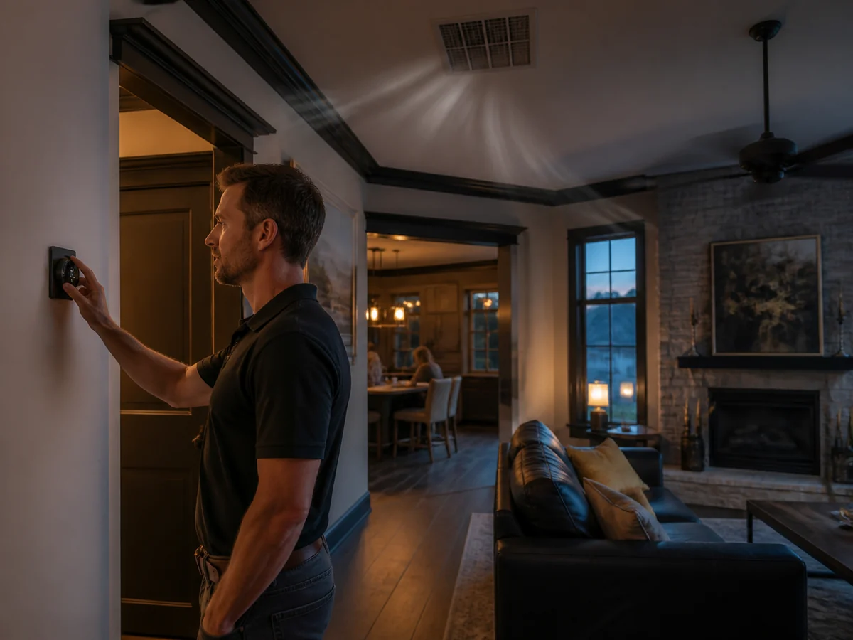 Homeowner checking a thermostat while airflow is measured in an uneven room