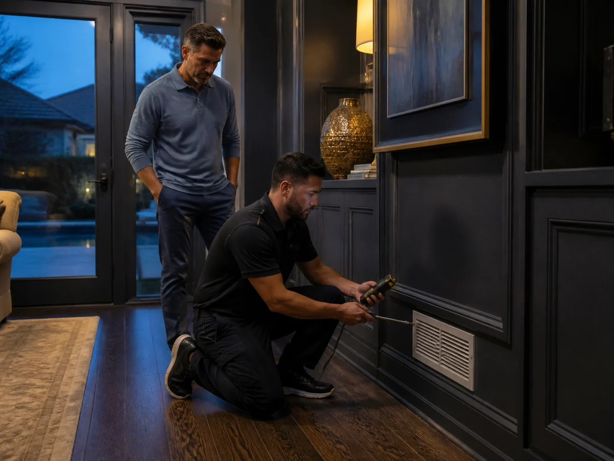 Technician measuring humidity and airflow at a supply register