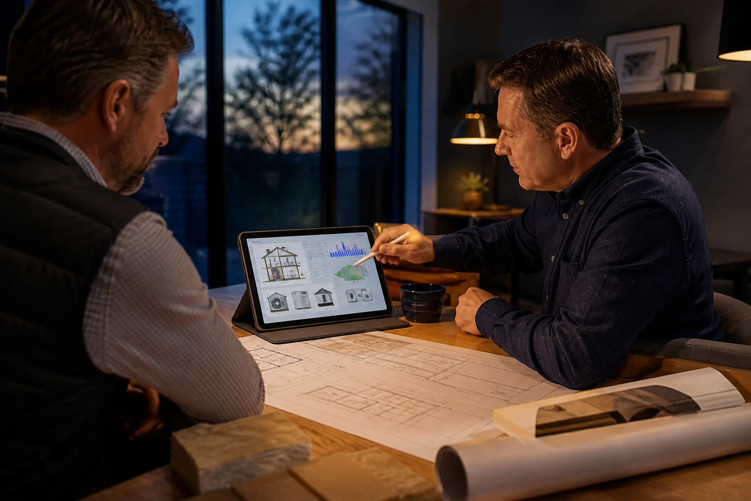 Load analysis and improvement plan being reviewed on drawings and a laptop