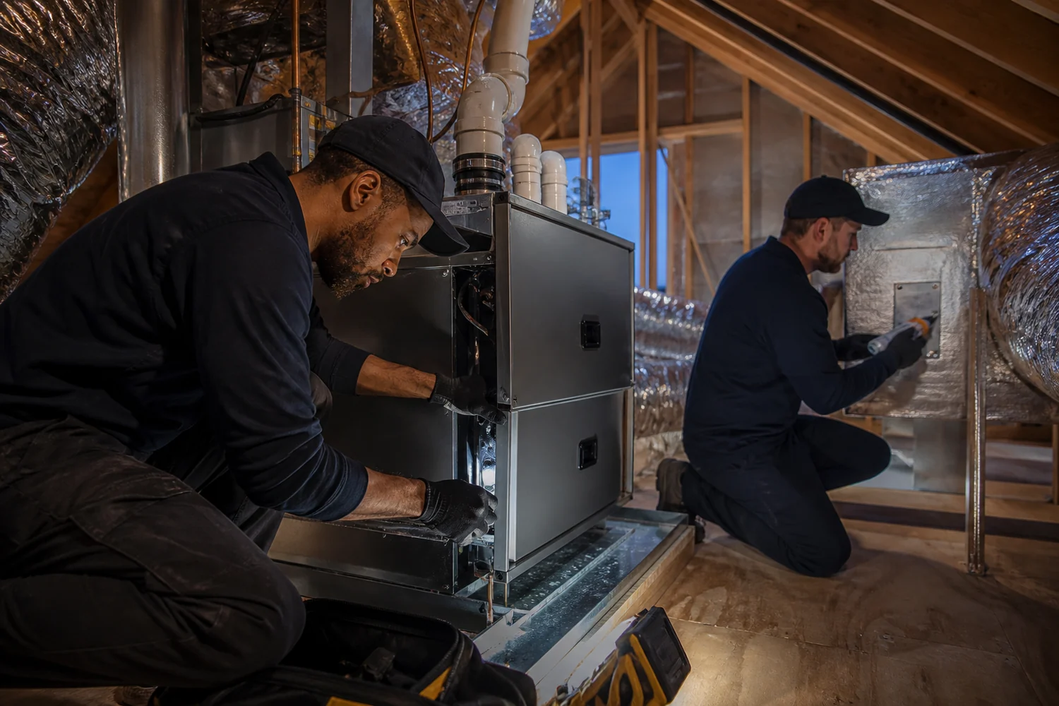 Crew installing HVAC equipment and envelope improvements in a home