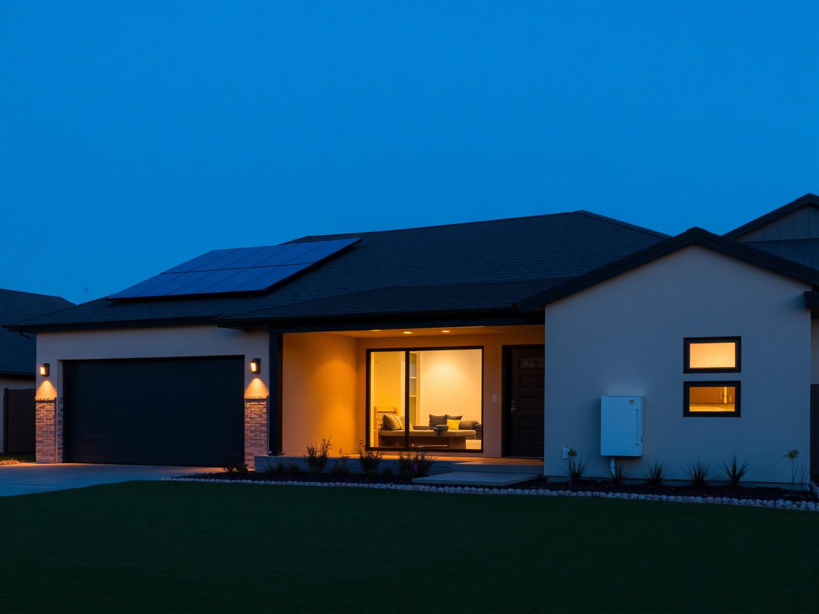 Modern Texas home with rooftop solar panels at dusk