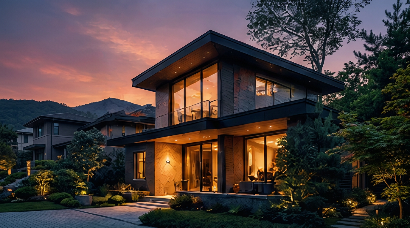 Modern North Texas home at dusk with warm golden interior light