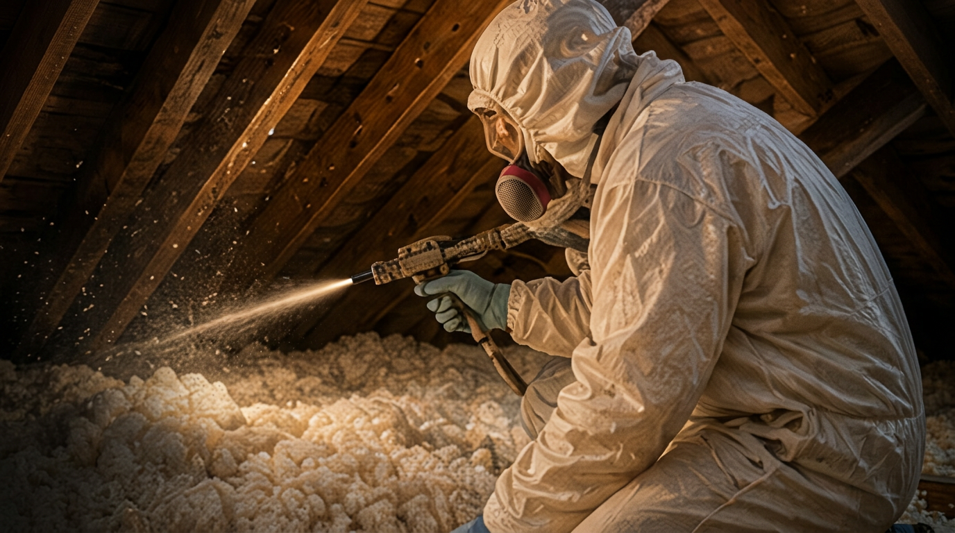 Spray foam insulation applied to a residential attic roof deck