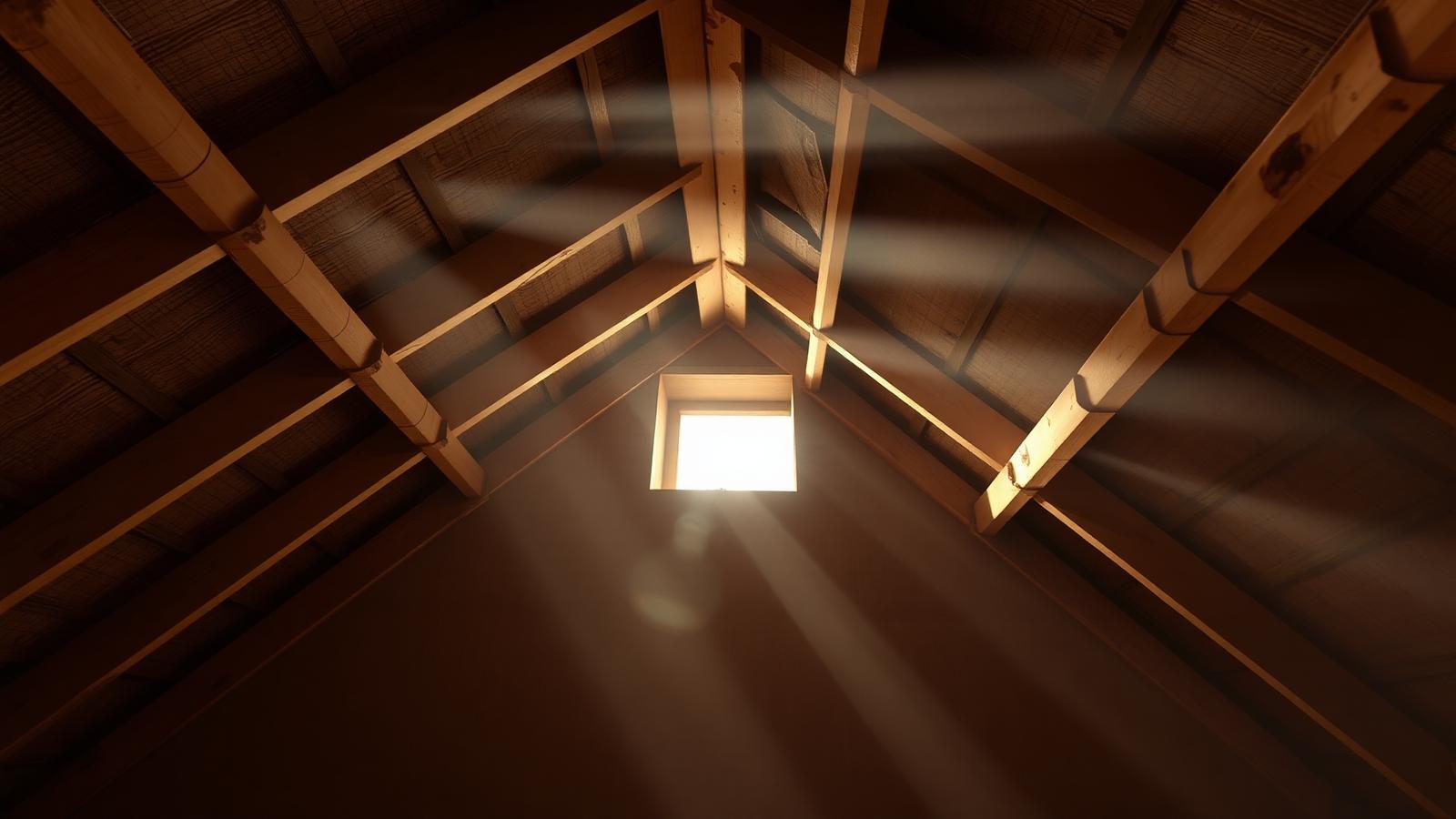 Sunlight and heat haze inside a residential attic beneath the roof deck