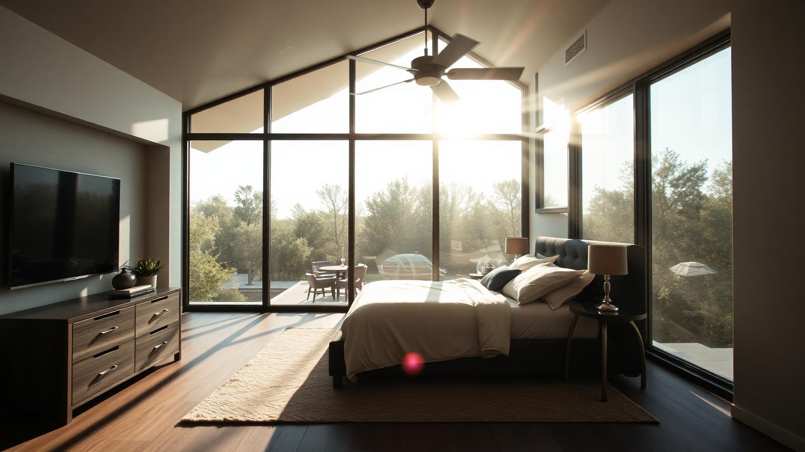 Sunlit upstairs bedroom in a modern home during peak afternoon heat