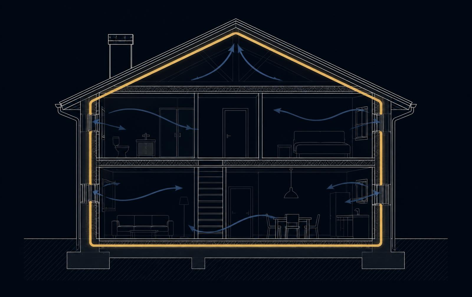 Cross-section diagram of a home showing the thermal boundary and airflow paths